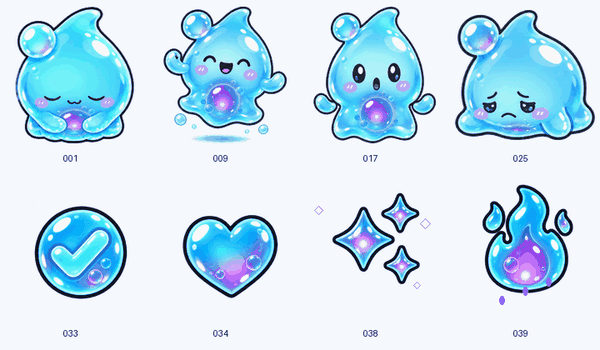 水色のキャラクターの動くLINE絵文字が8個、同時に再生されているプレビュー