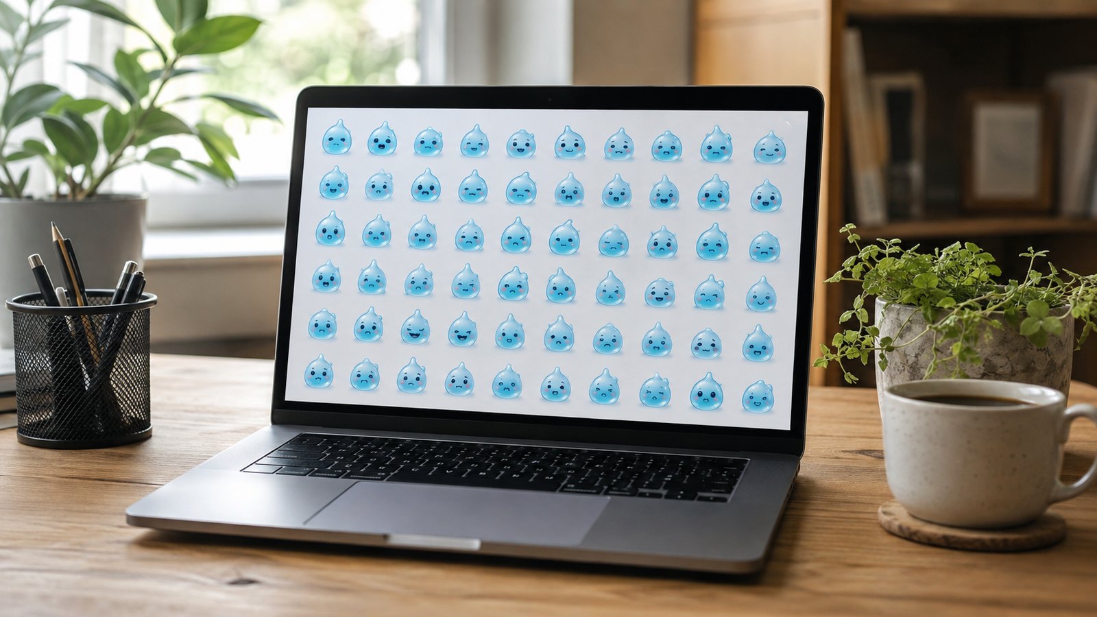 ノートPCの画面に、水色のキャラクターのLINE絵文字が40個ぶん並んでいる