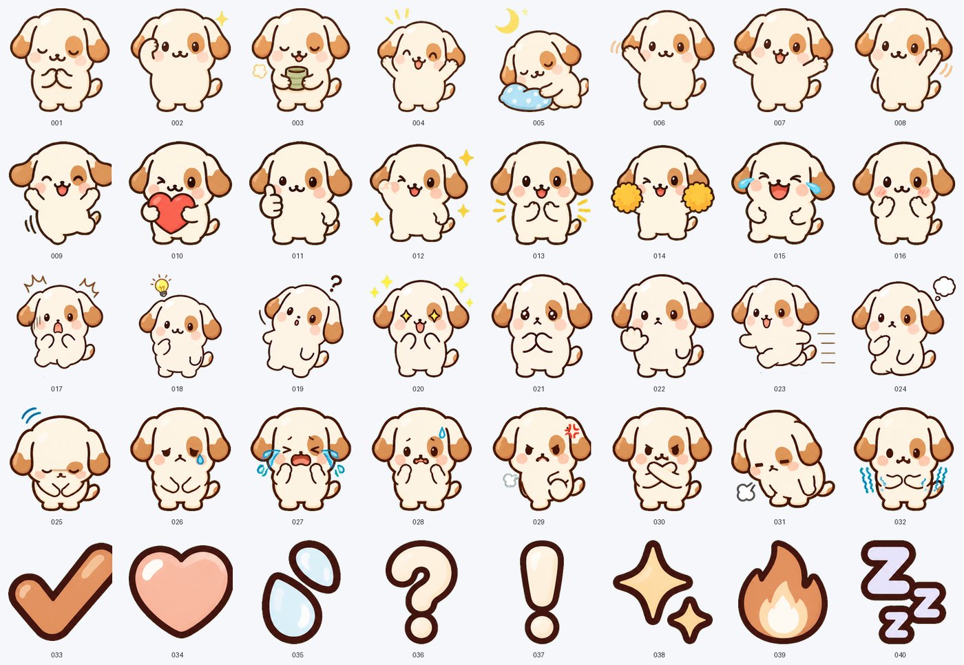 犬のキャラクターの静止絵文字40個が、5段8列で並んだ一覧。001から032がキャラクター、033から040が記号