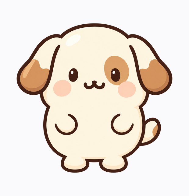 生成された、表情のない正面向きの犬のキャラクター。40個の絵文字すべての基準になる画像