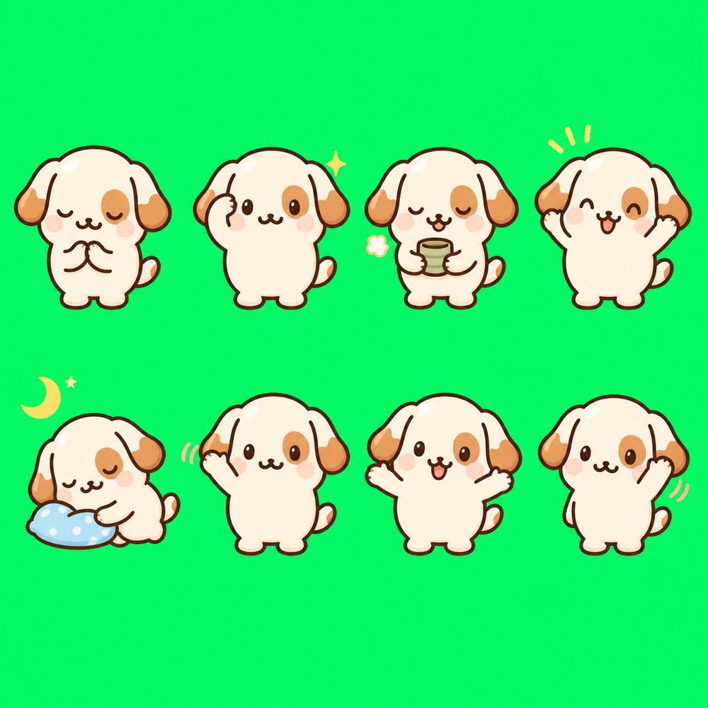 緑1色の背景に、同じ犬のキャラクターが8個ぶん、4列2段で並んだシート画像